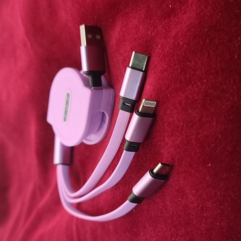 Charger  3 in 1 Cable w retractable cable iPhone, USB, USB A & C purple